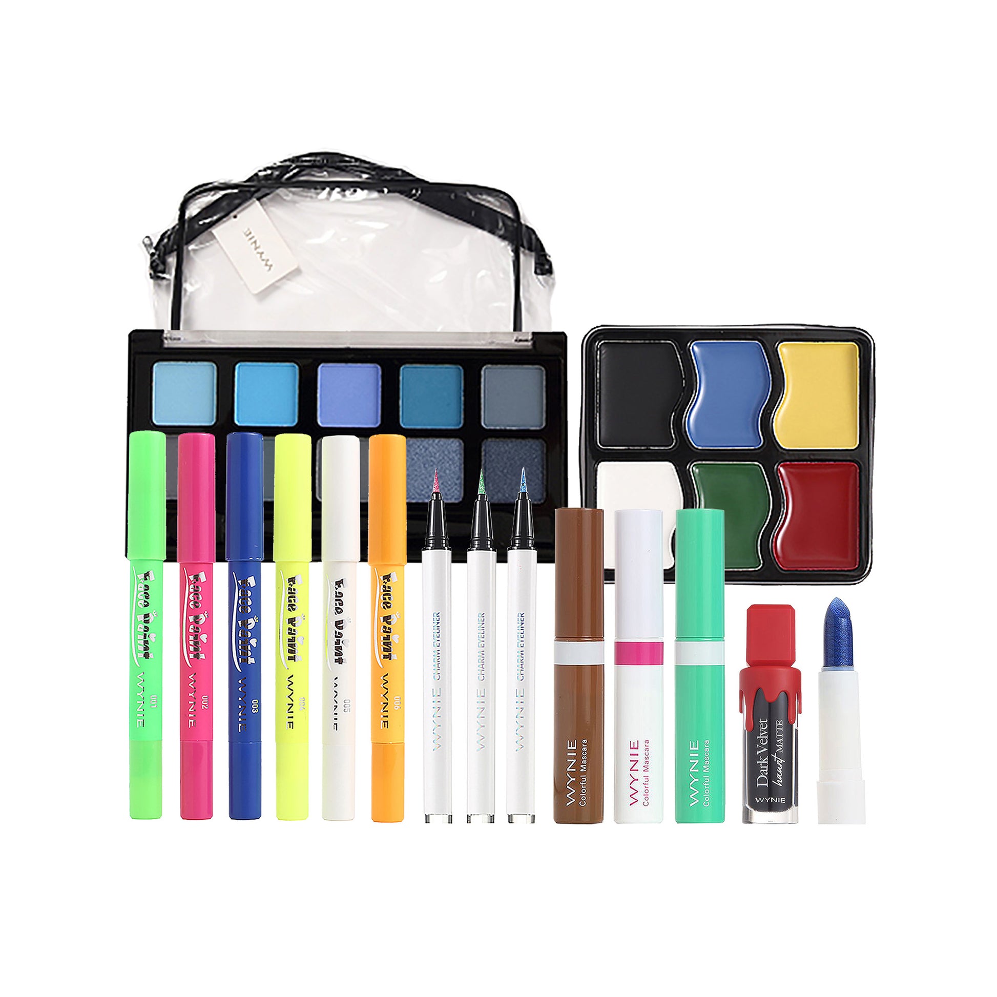 WYNIE Set de Maquillaje Arcoíris,Paleta de Sombras Vibrantes, Máscara de Pestañas Multicolor, Delineador, Labial