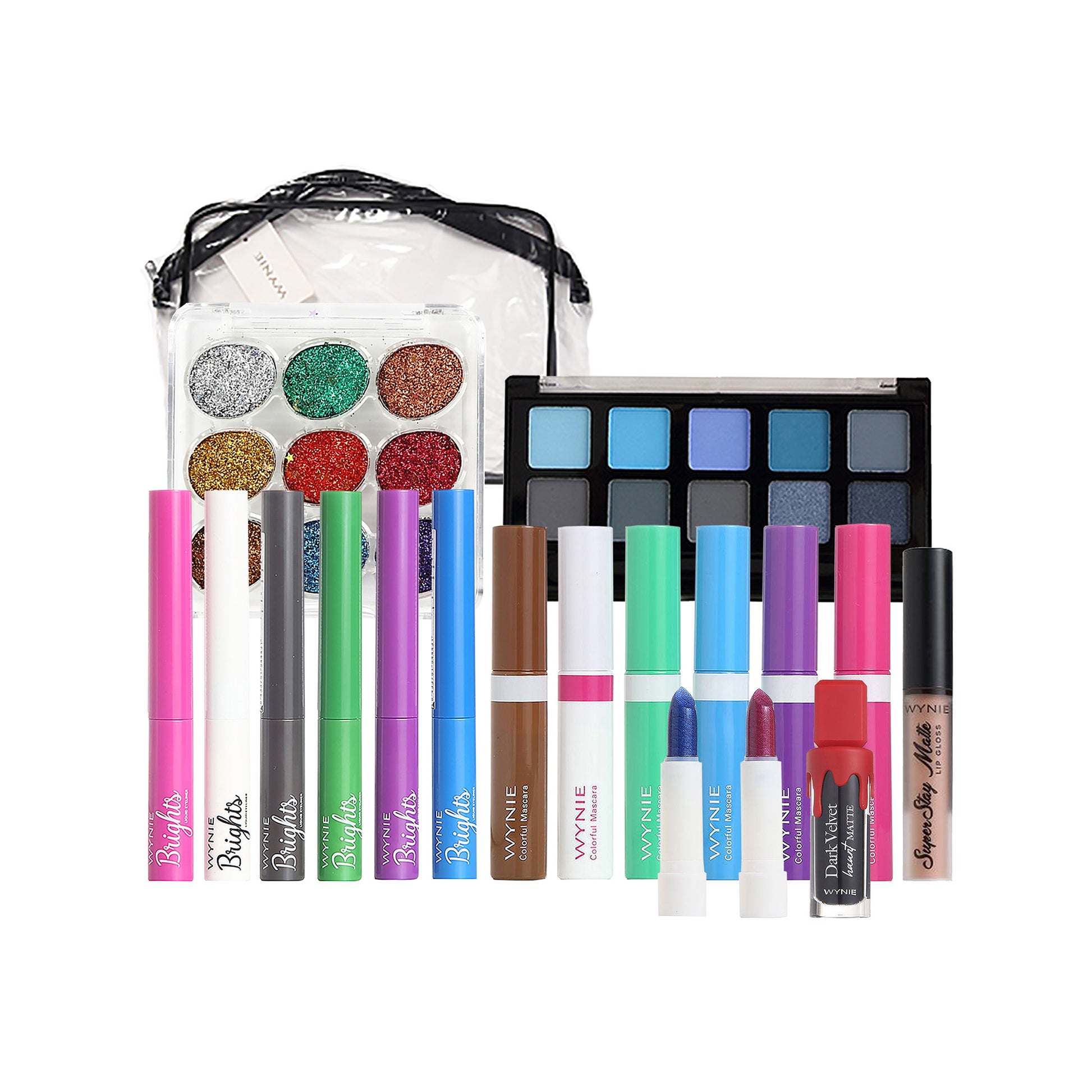 WYNIE Set de Maquillaje Arcoíris，Paleta de Sombras Vibrantes, Máscara de Pestañas Multicolor, Delineador, Labial