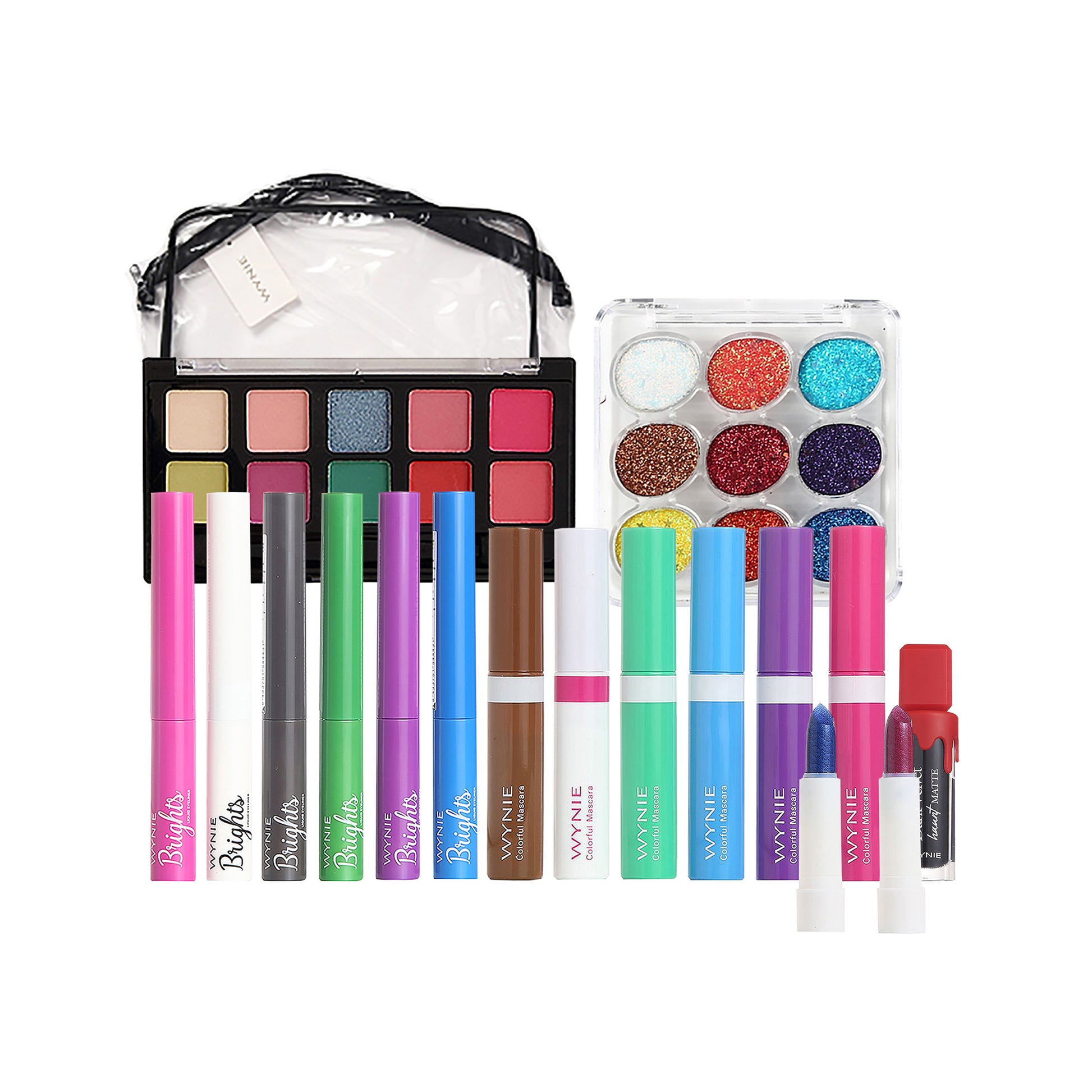 WYNIE Set de Maquillaje Arcoíris，Paleta de Sombras Vibrantes, Máscara de Pestañas Multicolor, Delineador, Labial