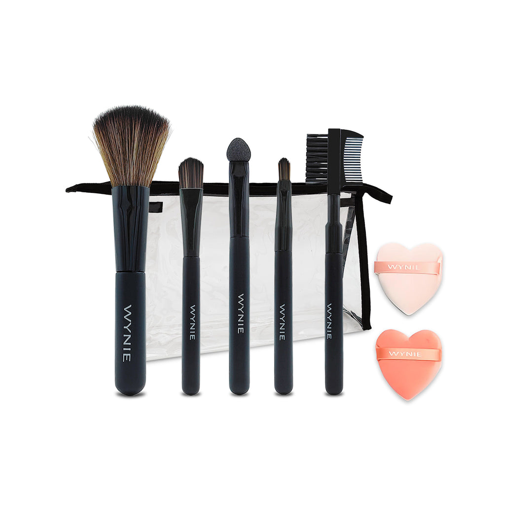 WYNIE Set de Brochas de Maquillaje Profesional con 6 Brochas Sintéticas, 2 Esponjas Blender y Rizador de Pestañas, Ideal para Polvos, Sombras, Cejas y Labios (set-3)