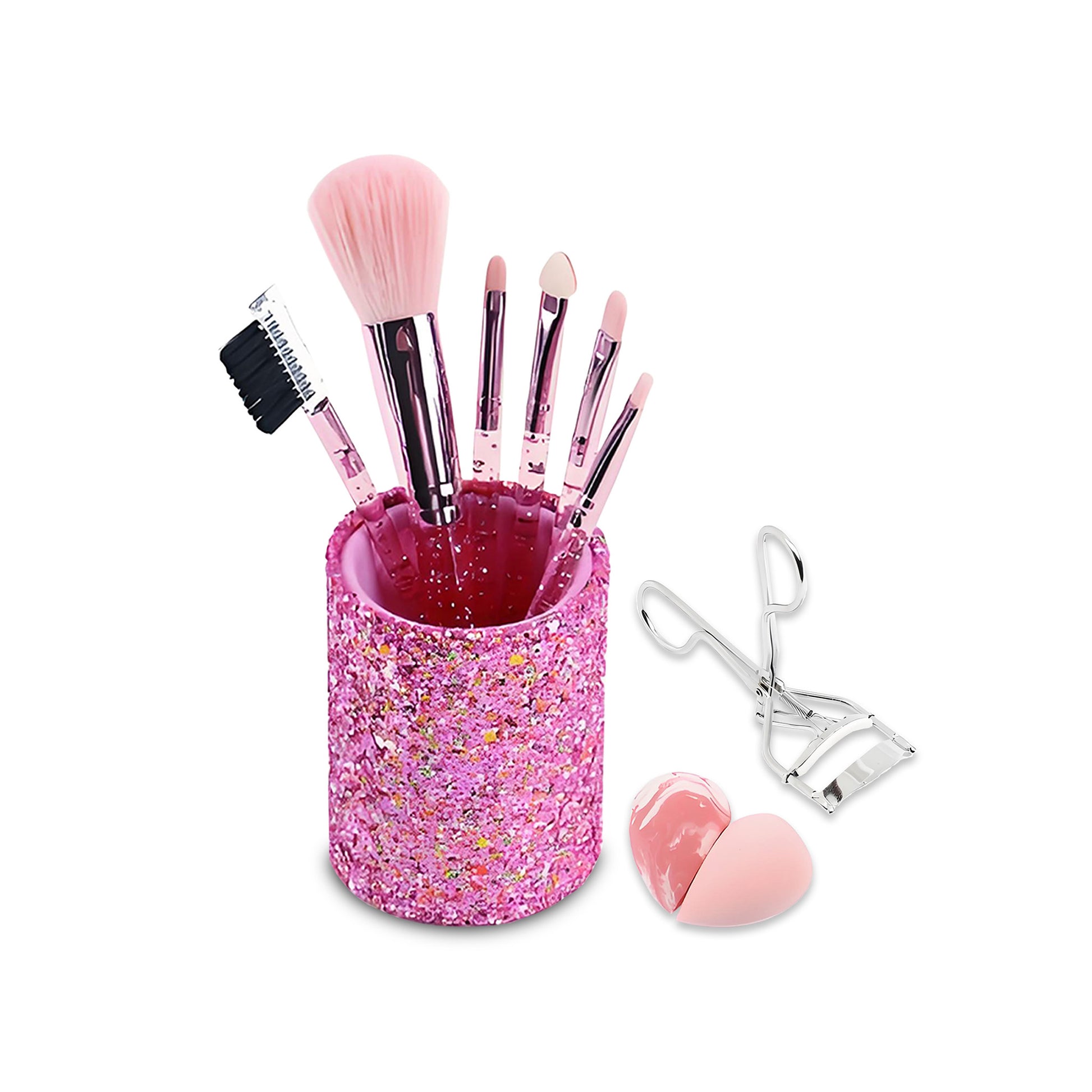 WYNIE Set de Brochas de Maquillaje Profesional con 6 Brochas Sintéticas, 2 Esponjas Blender y Rizador de Pestañas, Ideal para Polvos, Sombras, Cejas y Labios
