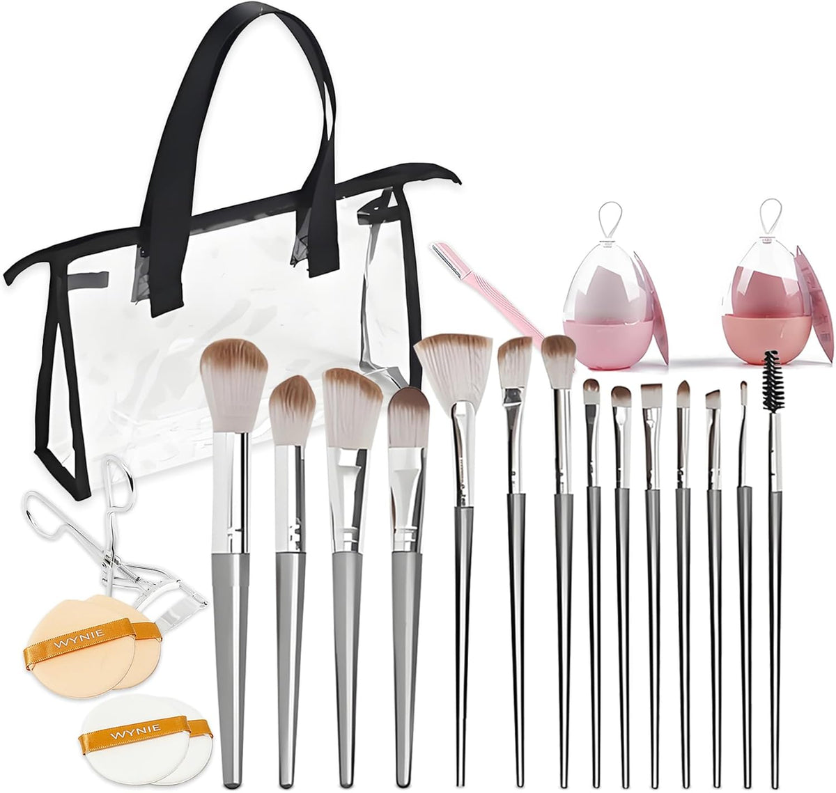 WYNIE Set de Maquillaje Profesional con 14 Brochas Sintéticas, 2 Esponjas, Rizador de Pestañas, 2 Borlas y Bolsa de Viaje, Ideal para Base, Colorete y Sombras