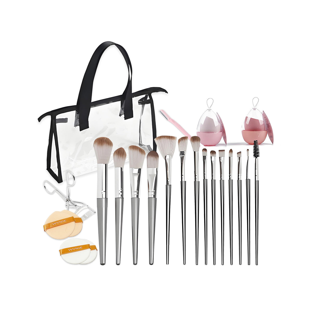 WYNIE Set de Maquillaje Profesional con 14 Brochas Sintéticas, 2 Esponjas, Rizador de Pestañas, 2 Borlas y Bolsa de Viaje, Ideal para Base, Colorete y Sombras