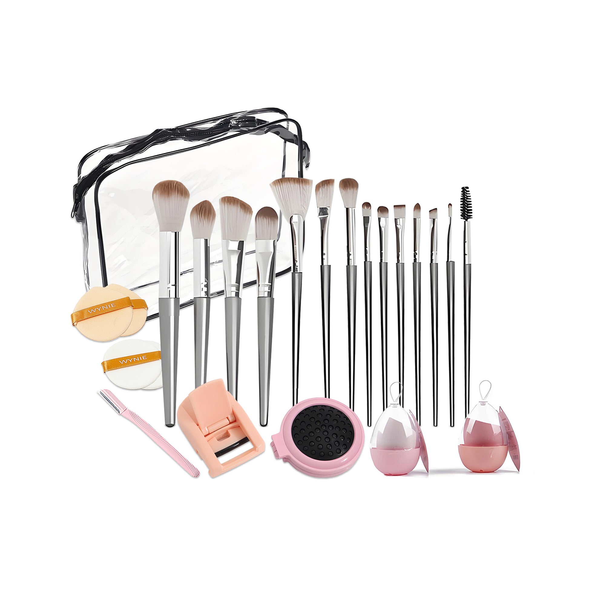 WYNIE Set de Maquillaje Profesional con 14 Brochas Sintéticas, 2 Esponjas, Rizador de Pestañas, 2 Borlas y Bolsa de Viaje, Ideal para Base, Colorete y Sombras