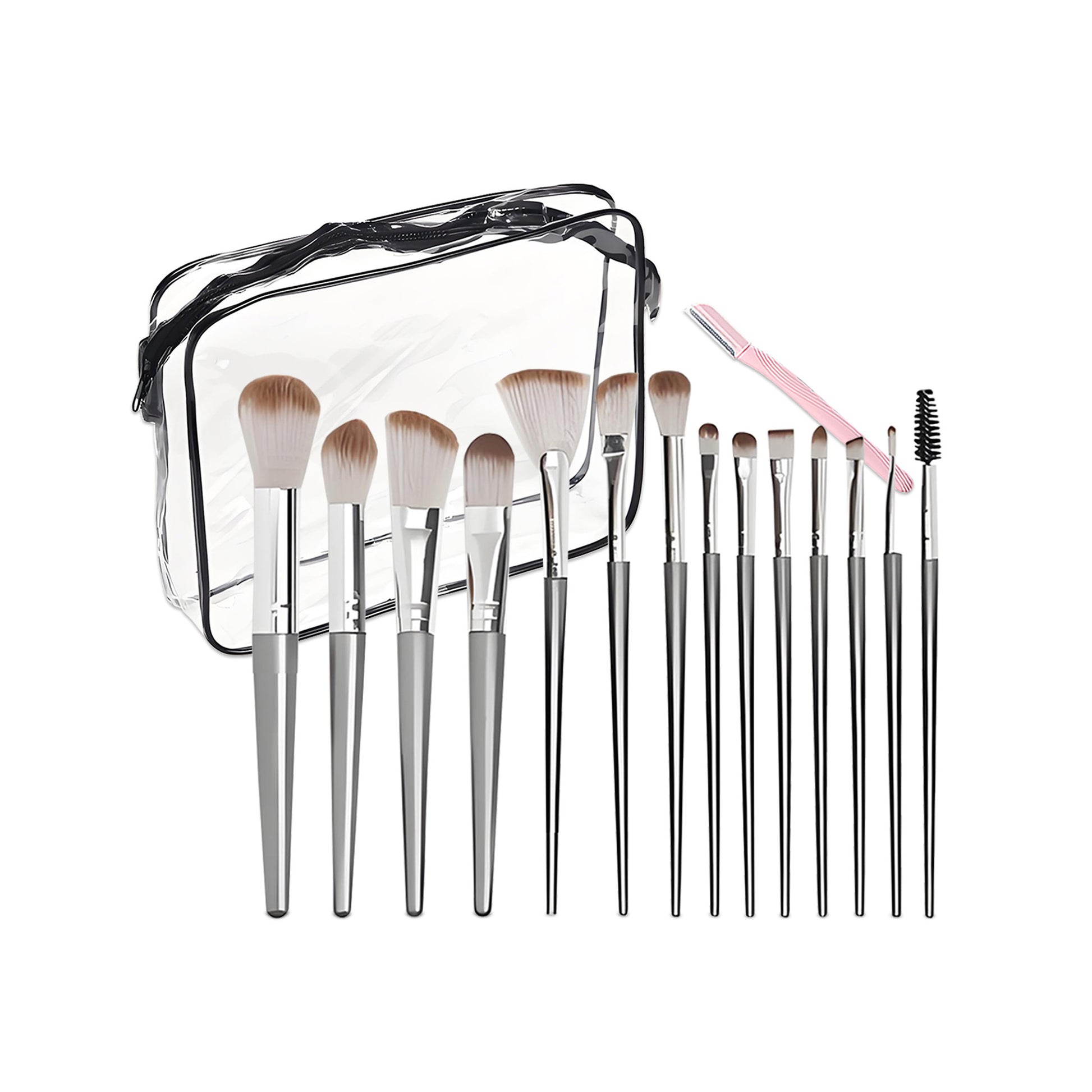 WYNIE Set de Maquillaje Profesional con 14 Brochas Sintéticas, 2 Esponjas, Rizador de Pestañas, 2 Borlas y Bolsa de Viaje, Ideal para Base, Colorete y Sombras